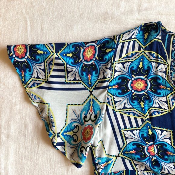 Boho Geometric Print Romper Flare Sleeve Short Jumpsuit Blue Red Turquoise Sz M - Picture 6 of 9